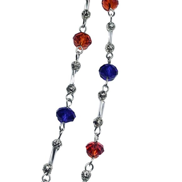 Single Strand Silver Tone With Orange And Blue Beaded Necklace (5481) - Picture 8 of 10
